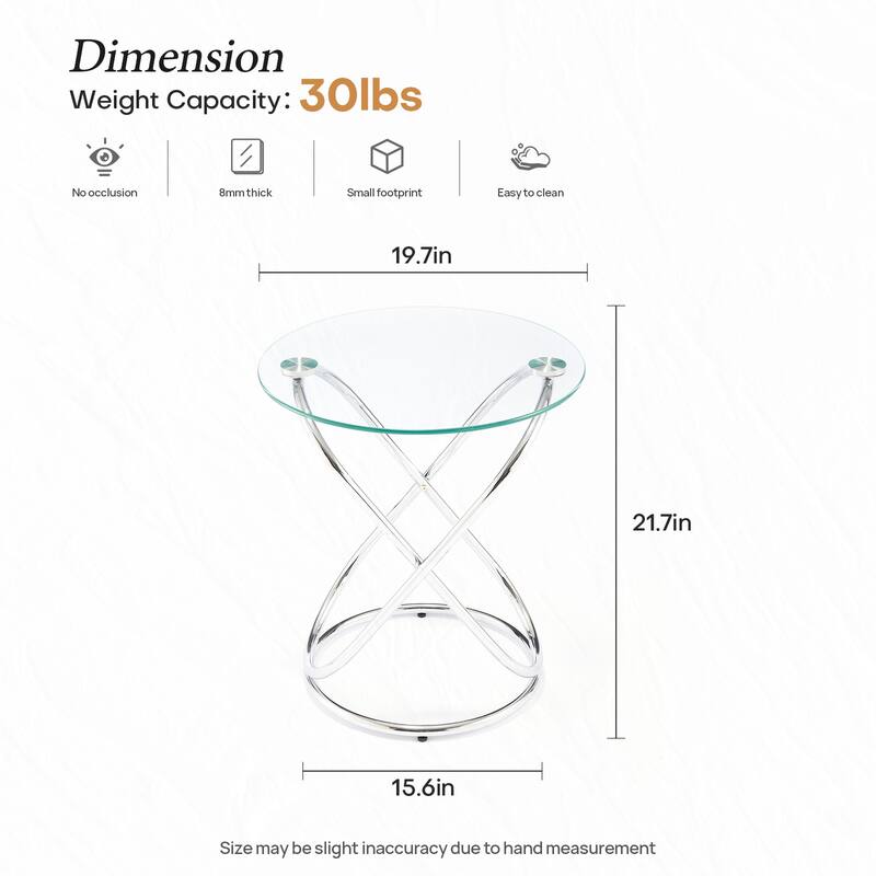 Tempered Glass Round Side/End Table with Metal Legs - 19.7"Dia Top x 21.7"H x 15.6"Dia Base