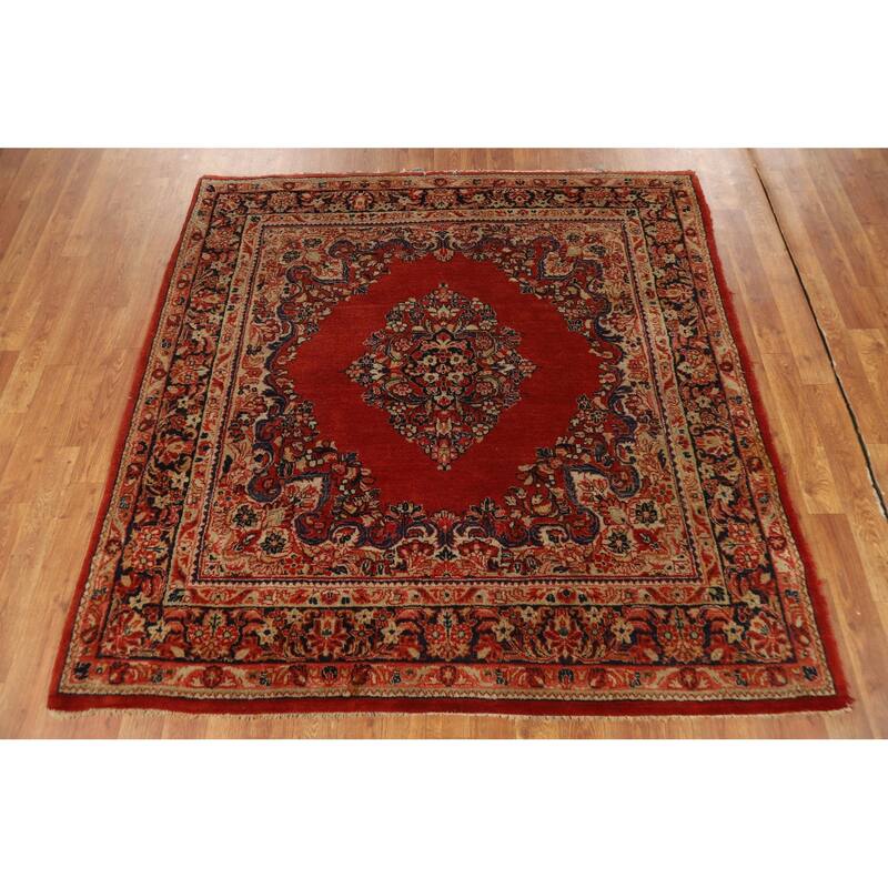 Orange Medallion Sarouk Persian Square Rug Handmade Wool Carpet - 5'1"x 5'2"
