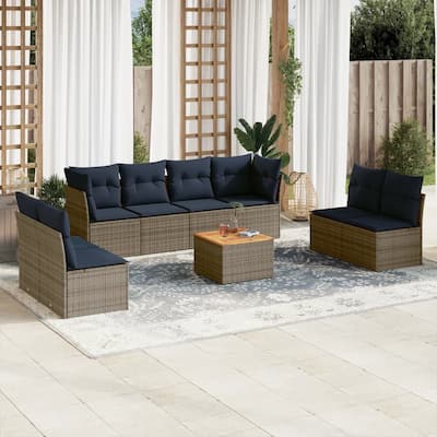 vidaXL 9 Piece Patio Sofa Set with Cushions Gray Poly Rattan - 24.4" x 24.4" x 27.2"