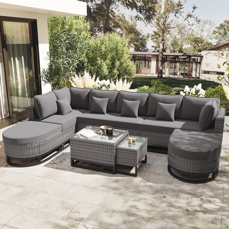 7 Pieces Large Size Outdoor Wicker Sofa Set, Outdoor Sectional Patio Sofa Set with 2 Coffee Table and Pillows for Garden - Gray
