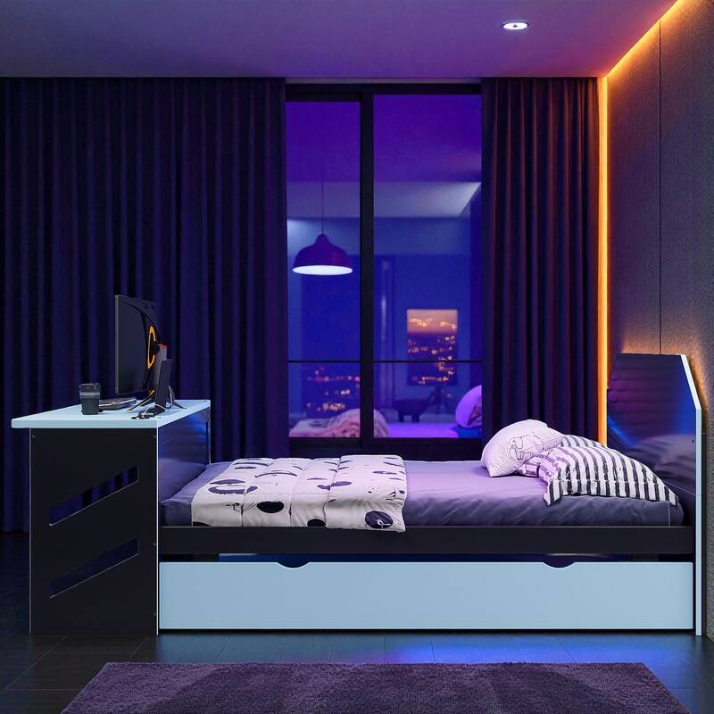 Full Size Wooden Daybed with Twin Trundle, Desk with USB Port, Storage-Friendly Design, Multi-Functional Bed Frame