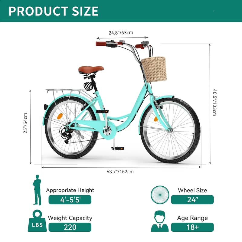 Moasis Beach Cruiser Bike 24"/26"Commute Bike 7 Speed Bicycle with Basket Adjustable Seat, Multiple Color