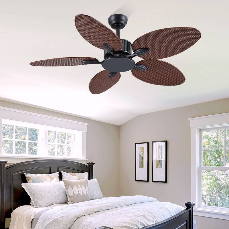 50 Inch Tropical Ceiling Fan with Palm Leaf Blades Glass Cover Remote Control Waterproof for Indoor and Outdoor Patio