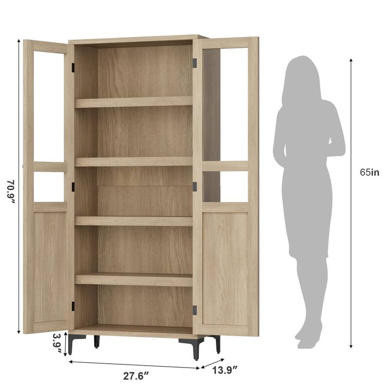 Tall Storage Cabinet,2 Glass Doors, Kitchen Pantry 5 Tier Bathroom Cabinet