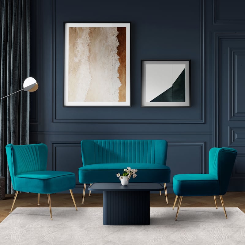 Farrah Upholstered Velvet Polyester Living Room Set With 25 inch Accent Chairs (3-Piece) - Teal - 3 Piece