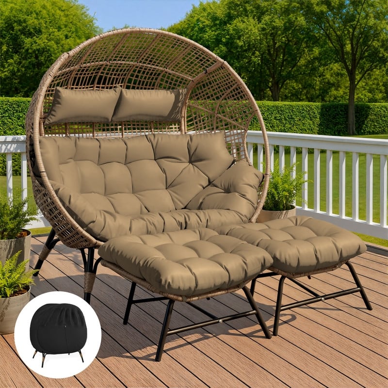 Outdoor Double Wicker Egg Chair with 2 Ottomans & Rain Cover, 2-Person 680-lb Capacity