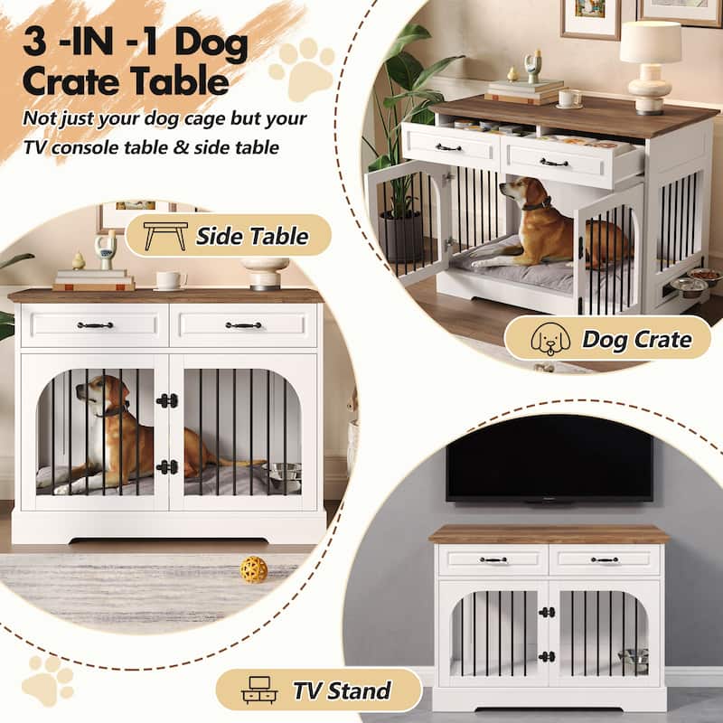 43.3" Dog Crate Furniture, Heavy Duty Indoor Dog Kennel with 2 Storage Drawers, Dog Cage with Side Doors for Medium Large Dogs