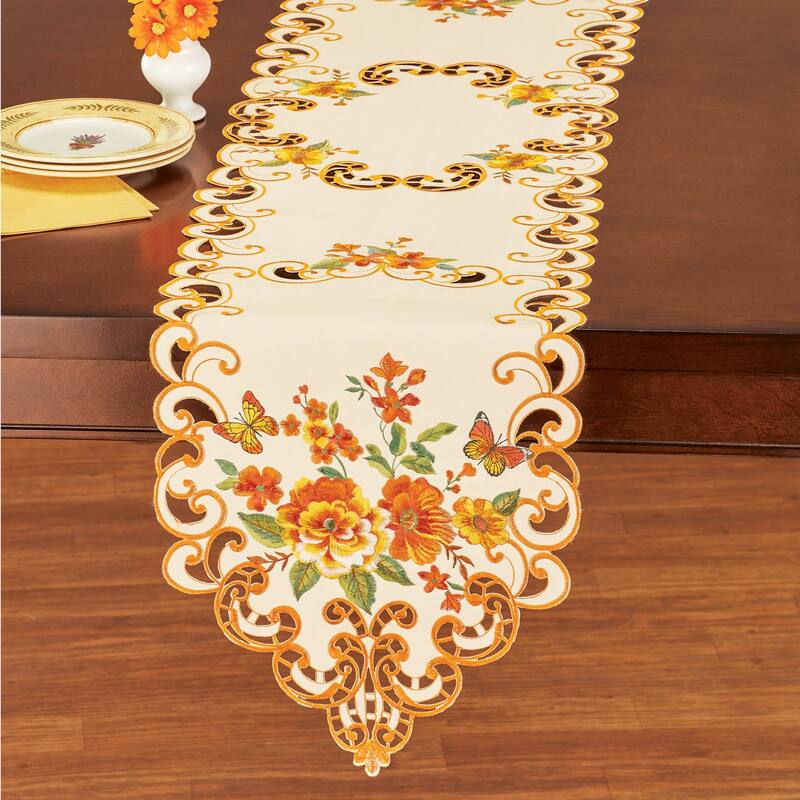 Embroidered Fall Floral Butterfly Table Linens - Runner