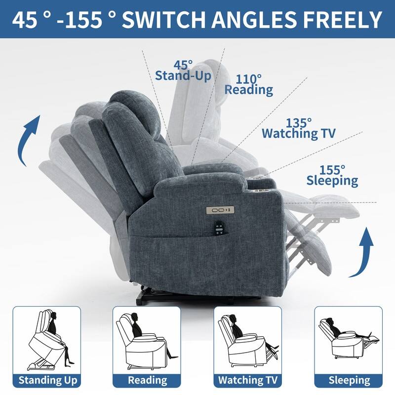 Heavy Duty Chenille Power Lift Recliner for Elderly with Massage, Heating, USB Ports and Cup Holders