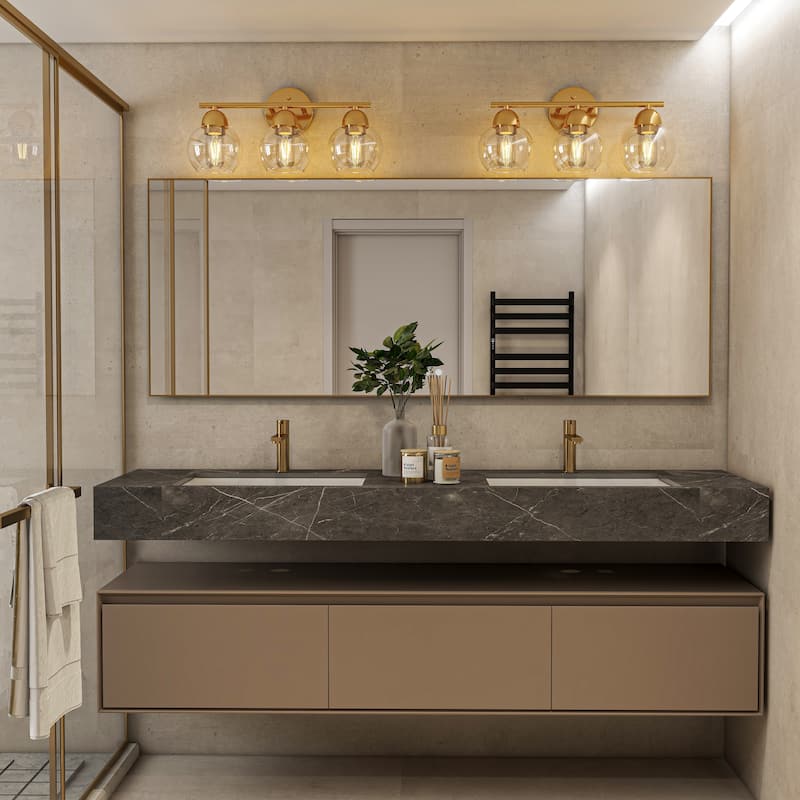 3-Light Metal Bathroom Vanity Lights Glass Shade Wall Sconces - Gold