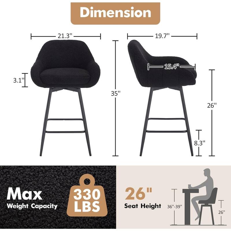 26" Counter Height Bar Stools Set of 2, Modern Swivel Bar Stools for Kitchen Island