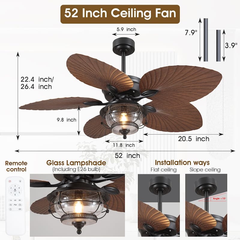 Kviflon 52 Inch Tropical Ceiling Fan with Light Palm Leaf Blades,Wet Rated for Living Room Bedroom Patio Farmhouse - 52 Inches
