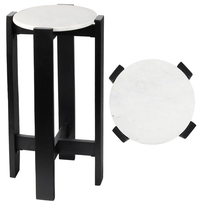 Elena 24″ Minimalist Structured Wood Drink & End Table, White Marble Round Top, By JONATHAN Y - Black/White