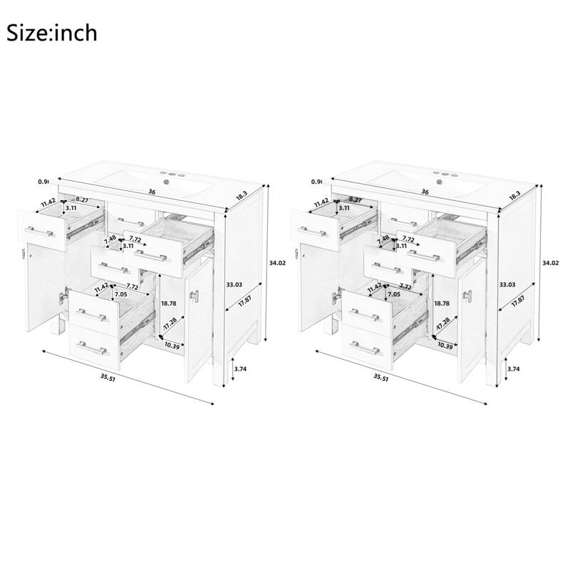 72'' Freestanding Bathroom Vanity Set with White Integrated Ceramic Sink - 72'' x 18.3'' x 34.02''