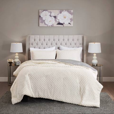 Madison Park Colden Ivory/ Grey Reversible Textured Sherpa to Faux Mink Comforter Set