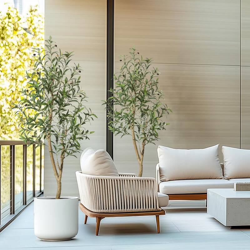 Olive Trees Artificial Indoor, 5ft Tall Faux Silk Plant with White Planter