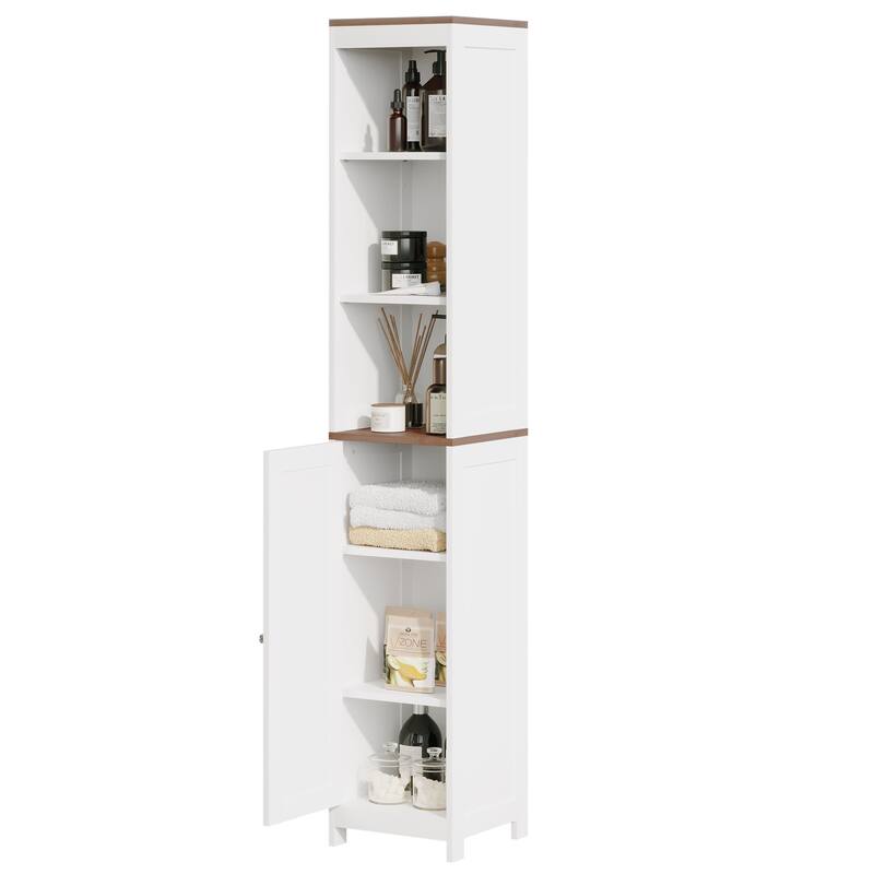Tall Bathroom Storage Cabinet with Reversible Door, Freestanding Linen Tower with Open Shelves and Enclosed Cabinet