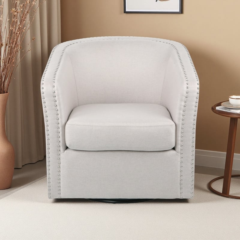 Linen Swivel Club Chair with Nailhead Trim and Black Iron Base
