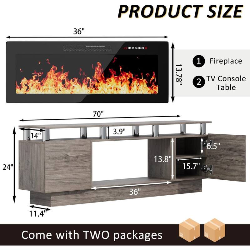 BOSSIN 70" Modern Electric Fireplace TV Stand, with Electronic Flame and LED Lights, High Gloss Finish Entertainment Center