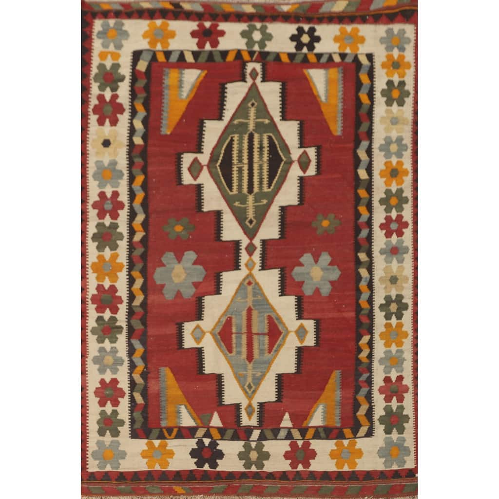 Kilim Qashqai Persian Vintage Rug Hand-Woven Geometric Wool Carpet - 5'0" x 7'6"
