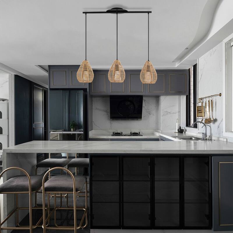 3 - Light Rattan Linear Chandelier for Dining Room, Black Metal Bohemian Style - Matte Black