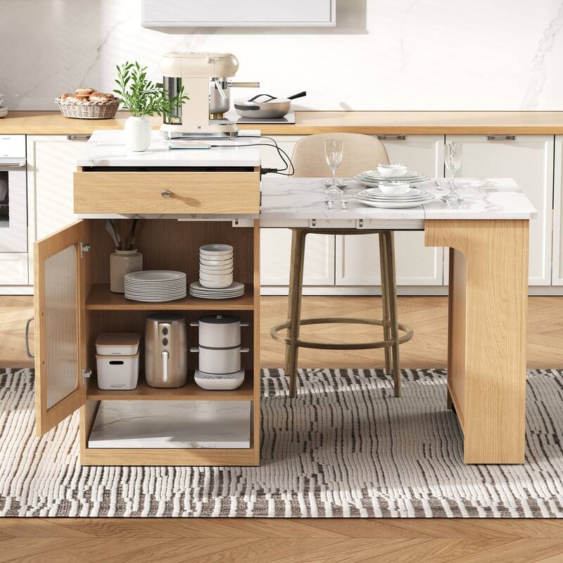 Multi-Functional Kitchen Island, 59.5" Extendable Table with Power Outlet & Double-Sided Storage for Dining & Prep