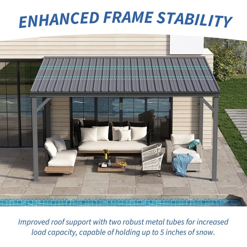 Domi Lean to Gazebo, Outdoor Hardtop Wall Mounted Gazebo with Sloping Galvanized Steel Roof