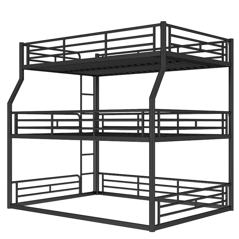 Full XL over Queen over Queen Bunk Bed, Metal Triple Bunk Bed with Safety Guardrails, Bunk Bed with Noise-reduced Design