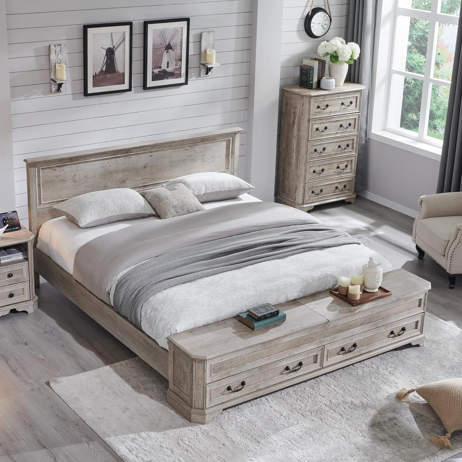 Farmhouse Bed Frame w/ Headboard & Storage Bench, Wood Platform Bed