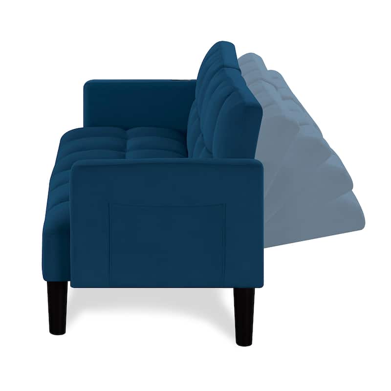 Versatile Adjustable Futon Couch Convertible Velvet Sleeper Sofa Bed with USB, Side Pockets, Chevron Tufting and Tapered Legs