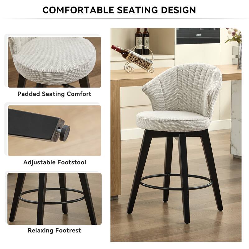 Set of 2 Chenille Upholstered Swivel Bar Stools with Solid Wood Legs and Wing Back