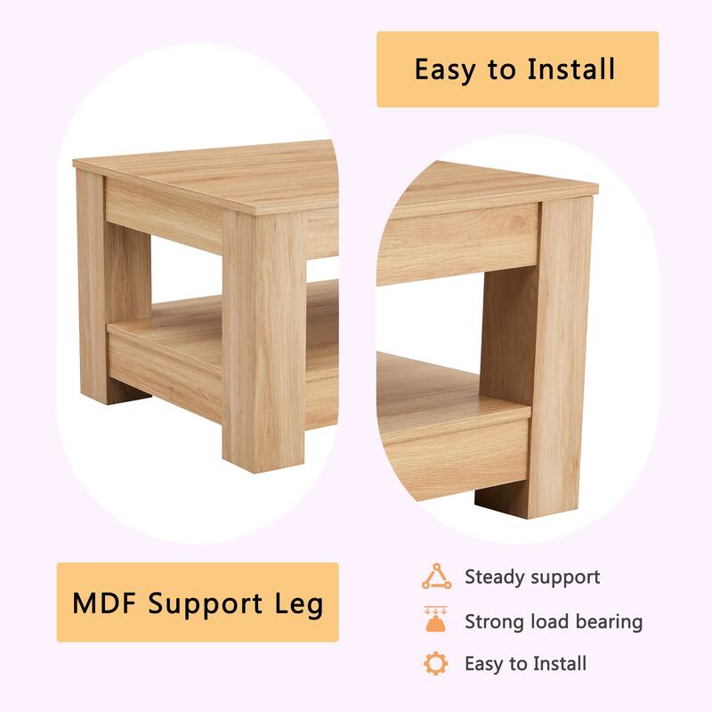 A modern and practical coffee table. The double layered coffee table is made of MDF material