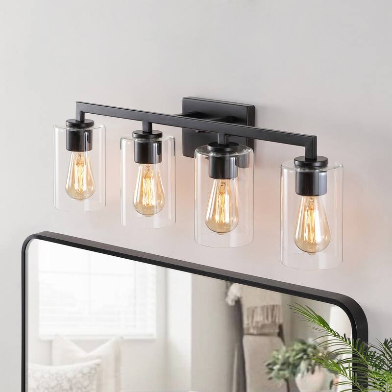 KAWOTI 28.75in 4-Light Bathroom Vanity Light with Clear Glass Shade - Matte Black