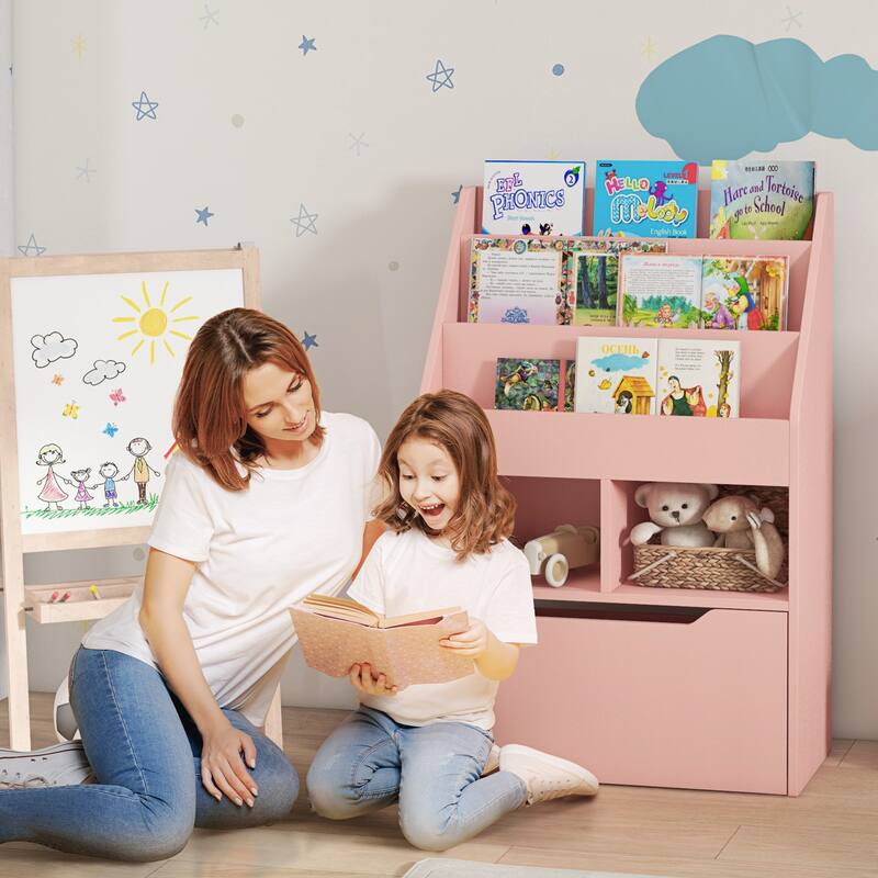 Kids Bookcase Multi-Shelf Rack Organizer with Storage Drawer for Books, Playroom, Pink