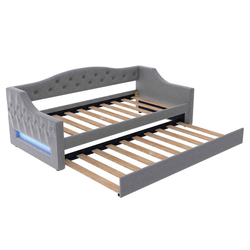 Twin XL Size Linen Daybed with LED Lighting and Hidden Trundle and Upholstered Storage Bed (250lbs Capacity)