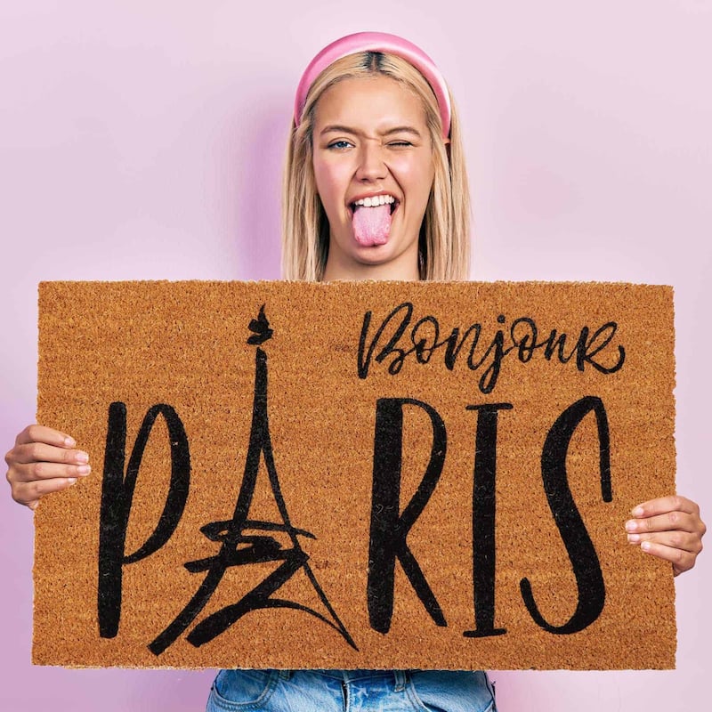 Sheltered Coconut Door Mat Printed Bonjour Paris 30x18 Natural