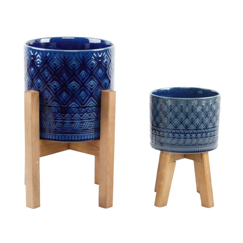 10" & 8" Illuminati Ceramic Planter On Wood Stand,Set Of 2