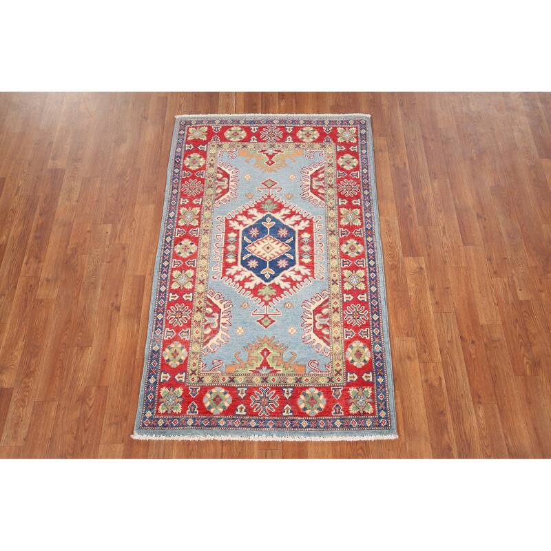 Light Blue Geometric Kazak Rug Entryway Hand-Knotted Wool Carpet - 3'1" x 4'11"