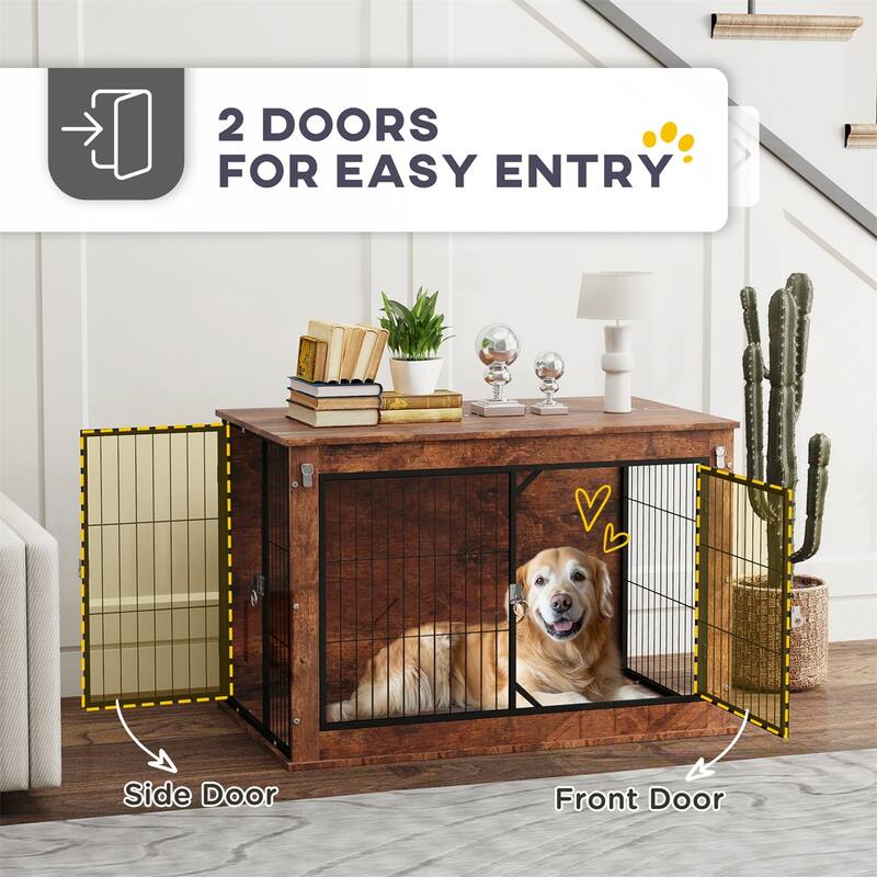 Rustic Brown Dog Crate Furniture with Dual Doors Top Opening Steel and Particleboard Construction for Large Dogs