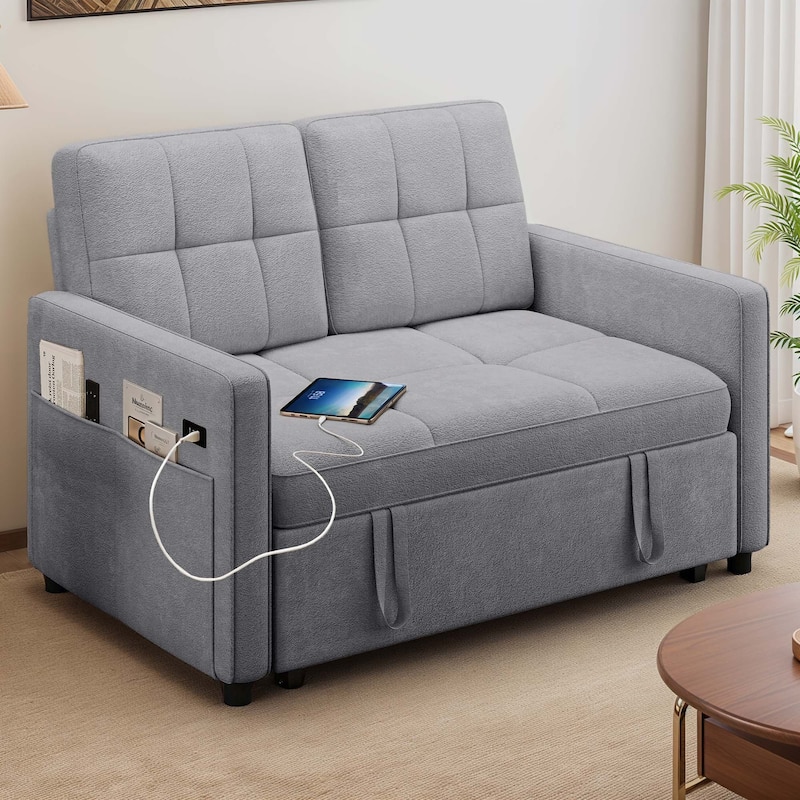 3-in-1 Multi-Functional Sleeper Sofa with Iron Frame Pull-Out Bed Loveseat and USB Port for Living Room or Small Space - Grey