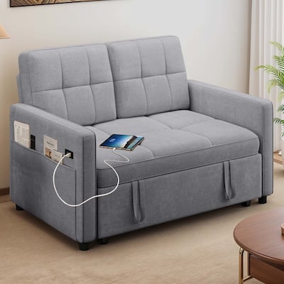 3-in-1 Multi-Functional Sleeper Sofa with Iron Frame Pull-Out Bed Loveseat and USB Port for Living Room or Small Space