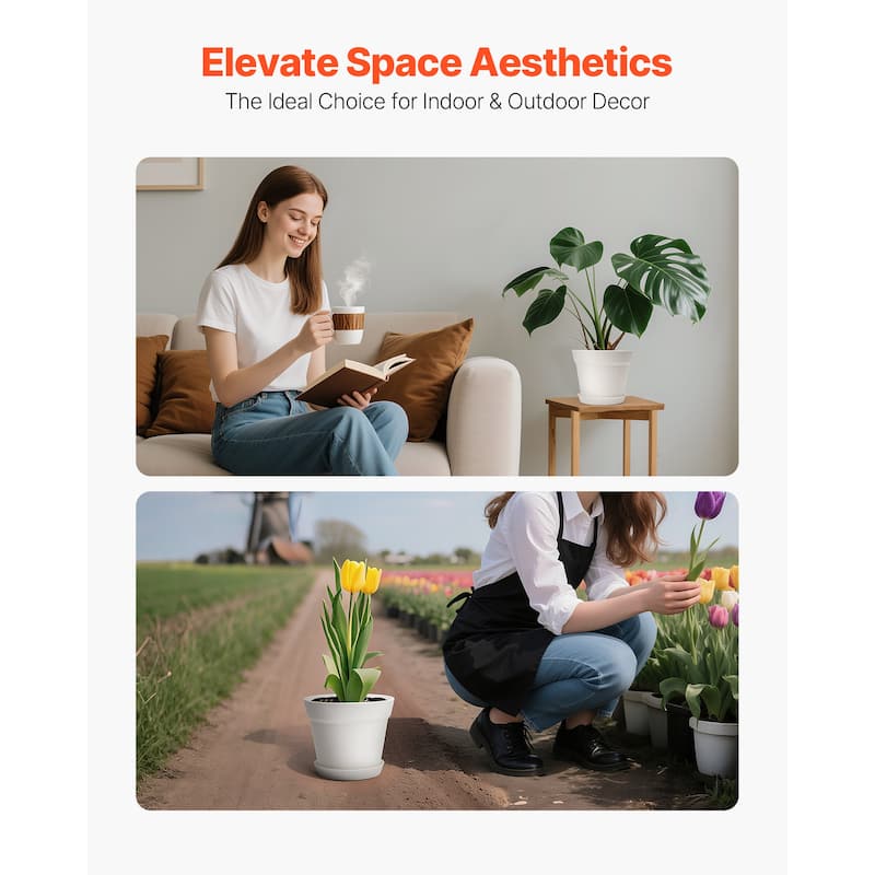 Round Plastic Planter Pots with Mesh Drainage Holes, Removable Saucer