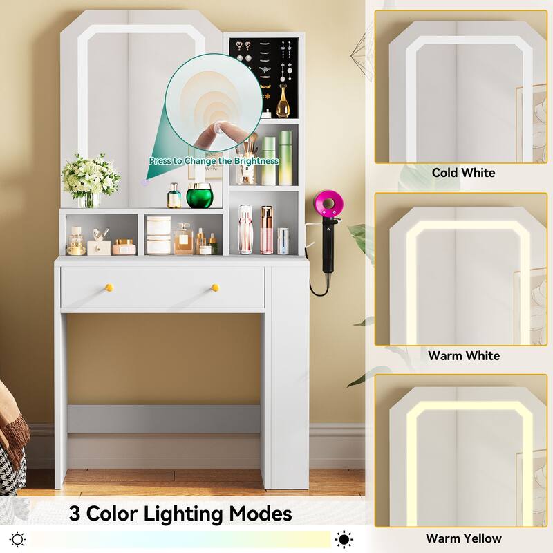 Vanity Table with Jewelry Foam, Storage Drawer, Shelves, and Side Storage for Bedroom, Dressing Room