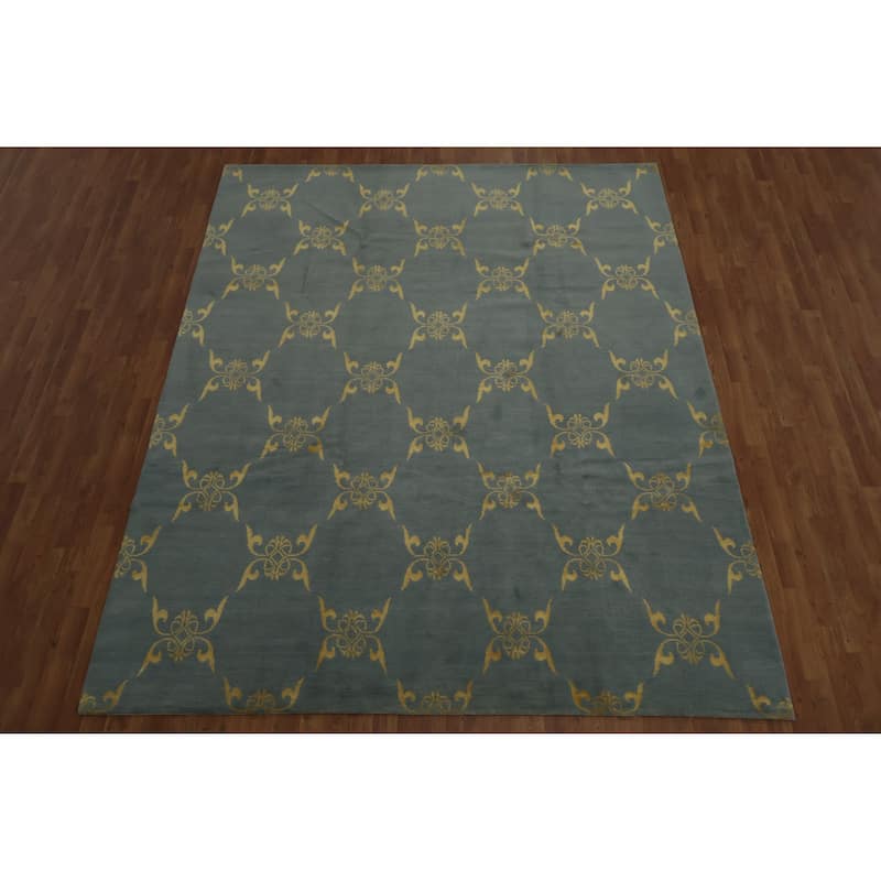 Hand Knotted Oriental 100% Wool Carpet Modern All-Over Navy Blue & Blues Modern Area Rug - 10' 1'' X 8' 2''