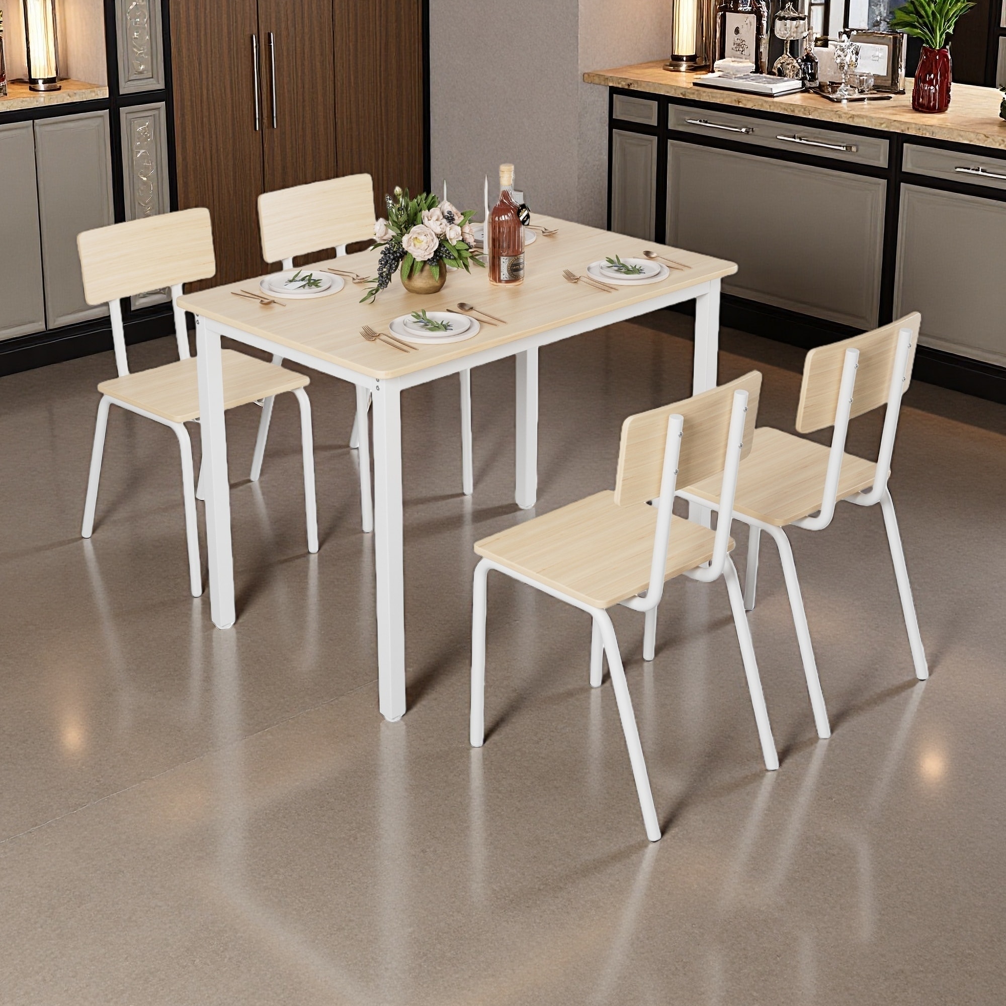 Set of 5 Dining Table & Chairs Set 43" with Metal Frame & MDF Board, Space-Saving Design with Easy Clean Surface