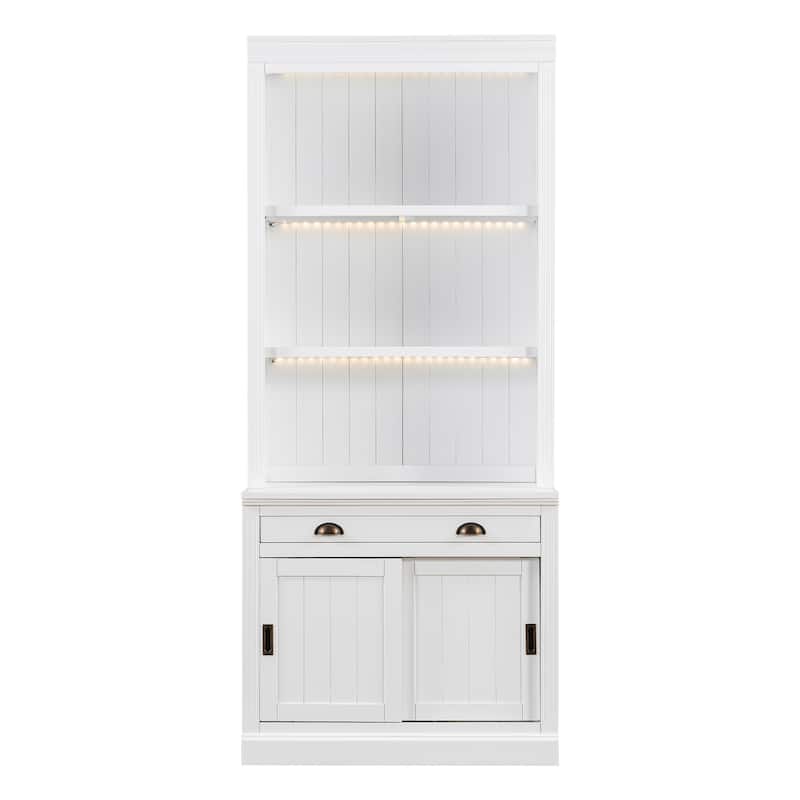 83.4" Tall Bookshelf with 3-layer LED Lightings, Modern Bookcase with Sliding Doors and Open Shelves,Storage Bookshelf