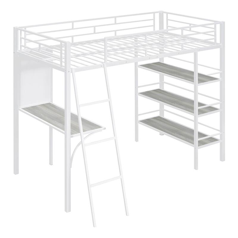 Stylish Twin Size Loft Metal Bed with Shelves, Desk, and Whiteboard - Space-Saving Metal Frame Bed for Work and Play