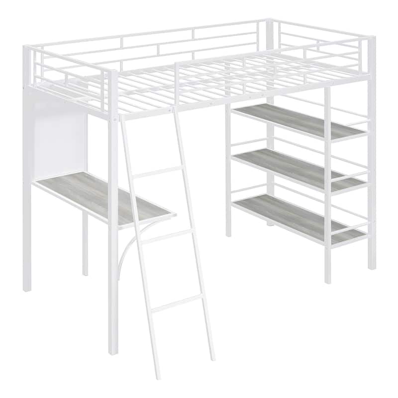 Twin Loft Bed with Shelves, Desk, and Whiteboard, a Stylish and Functional Bedroom Centerpiece