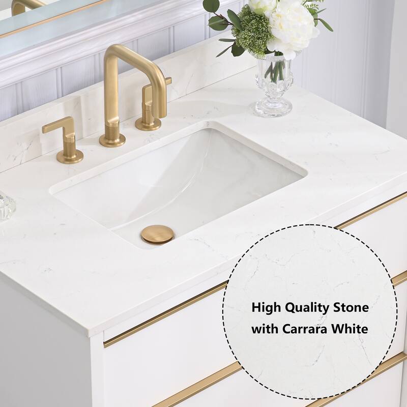 36"/48"/60" W Width Solid Wood Bathroom Vanity with Stain-resistant Carrera White Quartz Top and Sink
