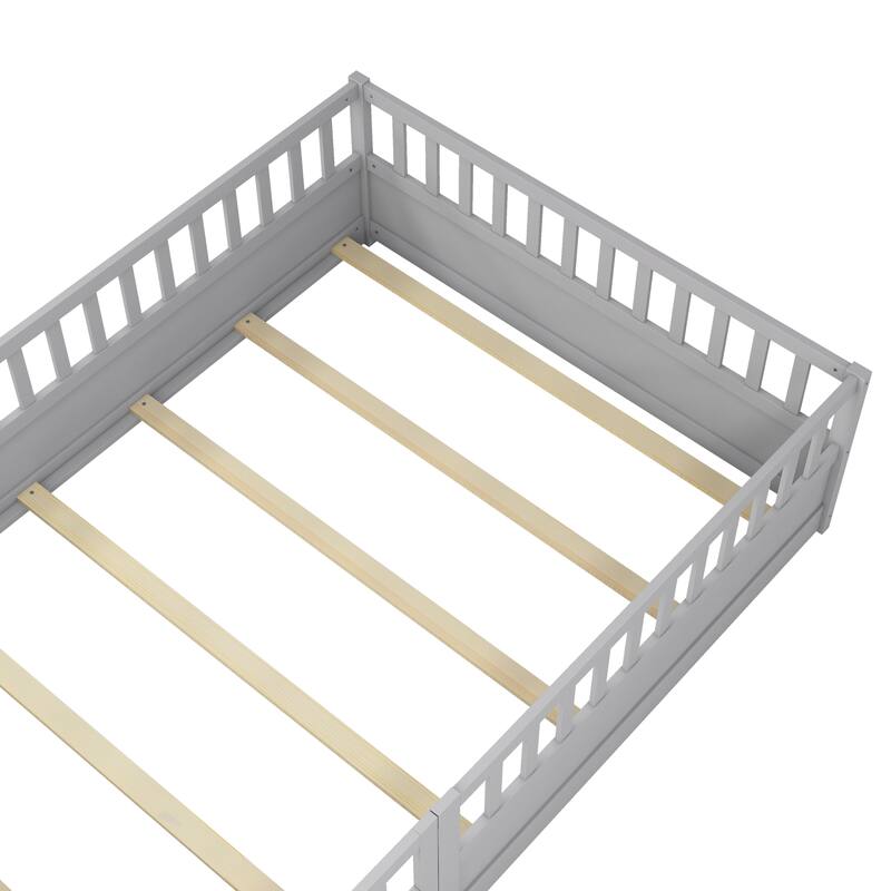 Full Size Wooden Children's Floor Bed with Sturdy Fence, Montessori-Inspired French Pine Bed Frame for Enhanced Safety